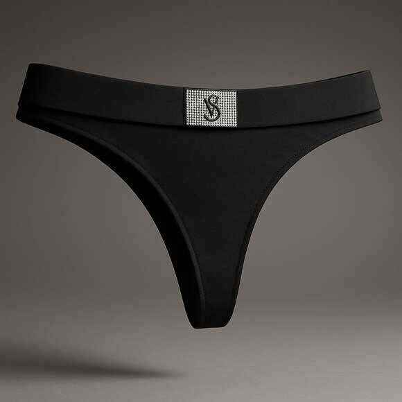 Victoria's Secret Other - Victoria's Secret Shine Patch Thong Panty Women's Large Black Rhinestone VS Logo